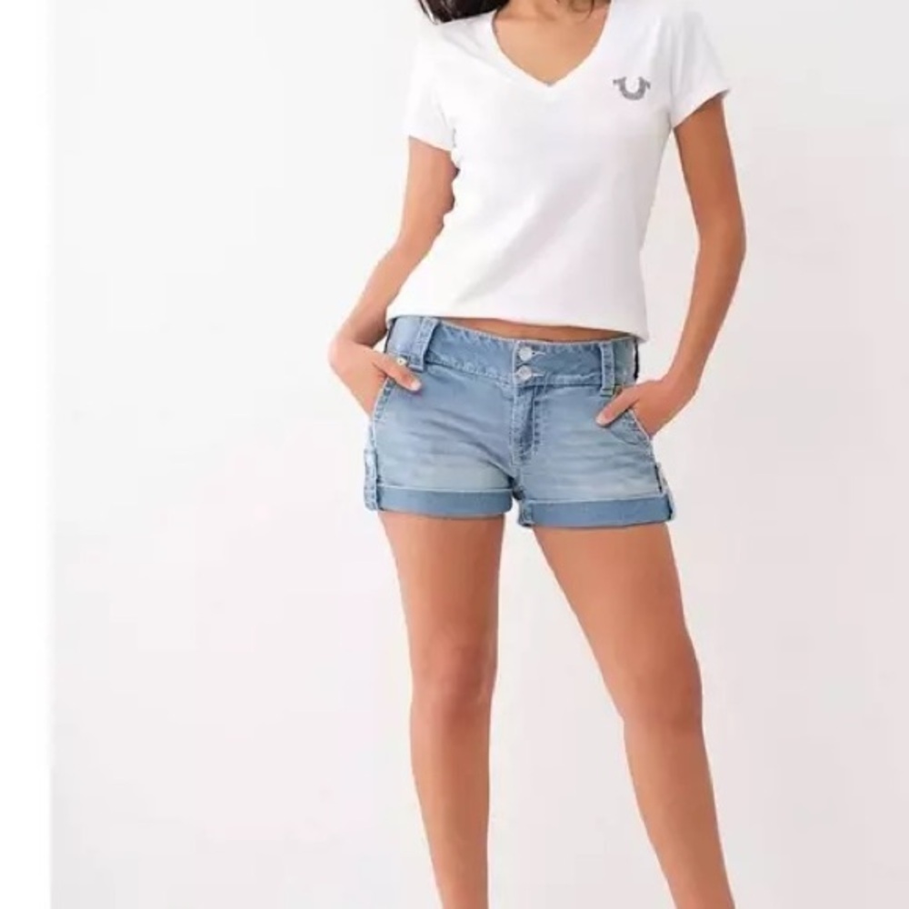 [W29]True Religion Gray/Blue Linen Cotton Sammy Shorts Wide Fold Hem - Picture 8 of 8